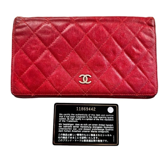 Authentic CHANEL Red Quilted Lambskin Leather Long Wallet With Authenticity Card - Picture 5 of 15